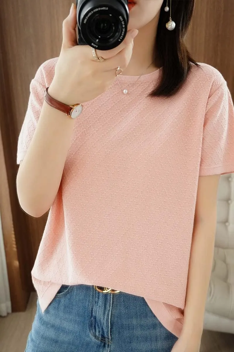 Womens Short Sleeve Sweaters Tops Summer Thin Pullover Cotton Knit Shirt Crew Neck Lightweight Pointelle Blouse