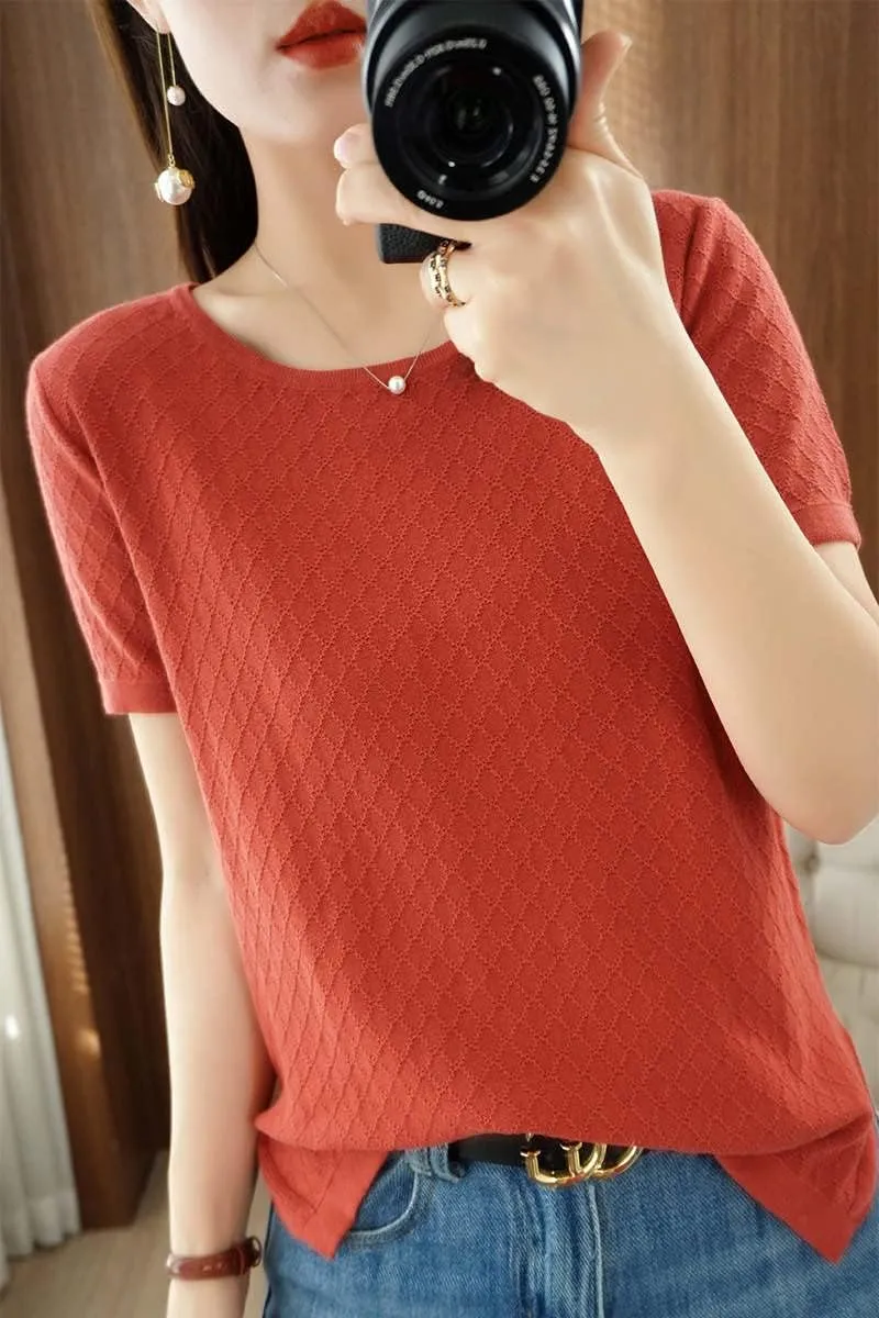 Womens Short Sleeve Sweaters Tops Summer Thin Pullover Cotton Knit Shirt Crew Neck Lightweight Pointelle Blouse