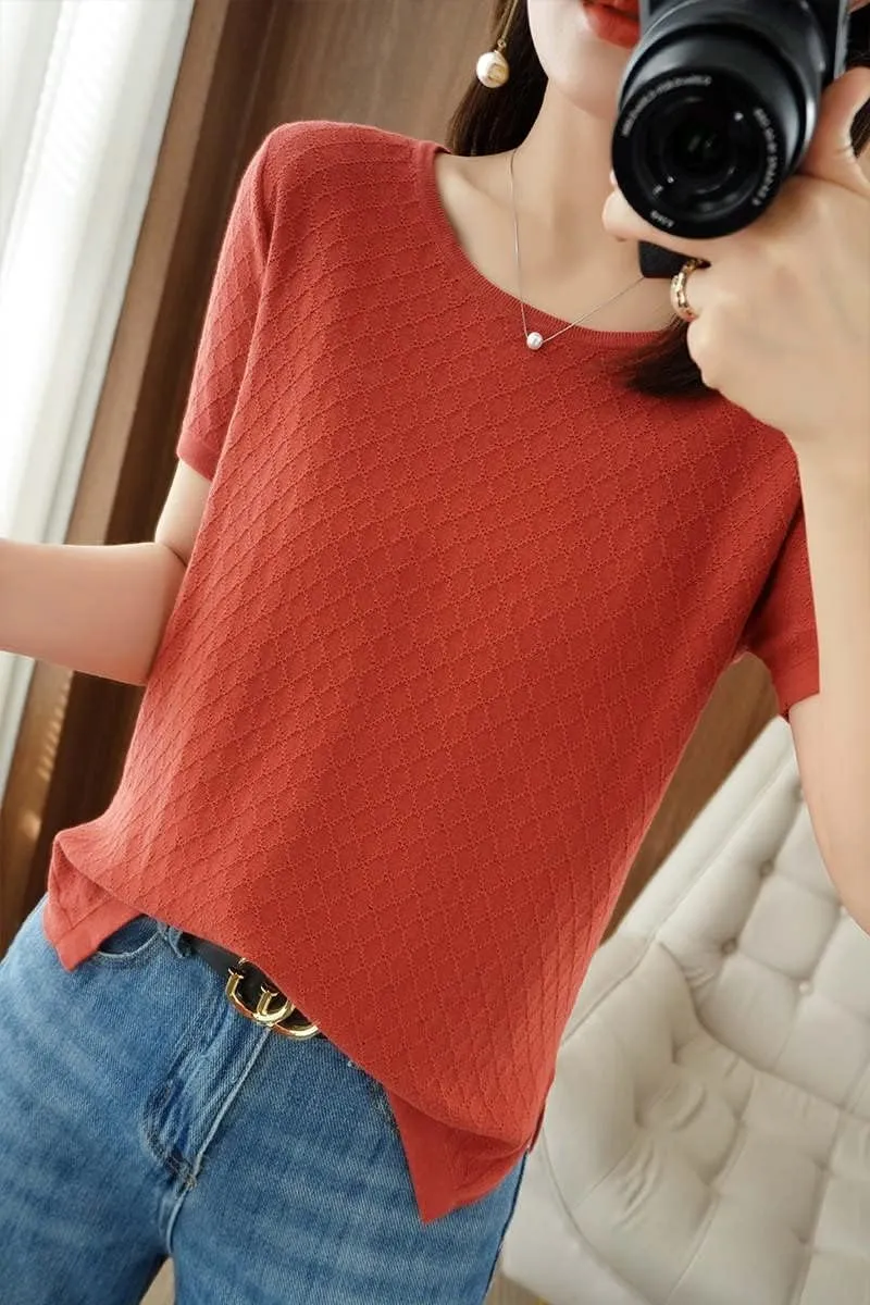 Womens Short Sleeve Sweaters Tops Summer Thin Pullover Cotton Knit Shirt Crew Neck Lightweight Pointelle Blouse