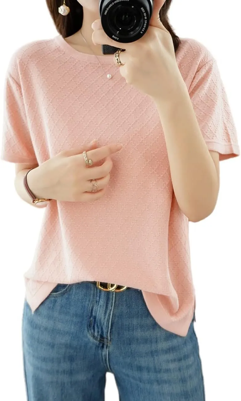Womens Short Sleeve Sweaters Tops Summer Thin Pullover Cotton Knit Shirt Crew Neck Lightweight Pointelle Blouse
