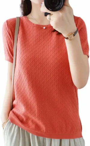 Womens Short Sleeve Sweaters Tops Summer Thin Pullover Cotton Knit Shirt Crew Neck Lightweight Pointelle Blouse