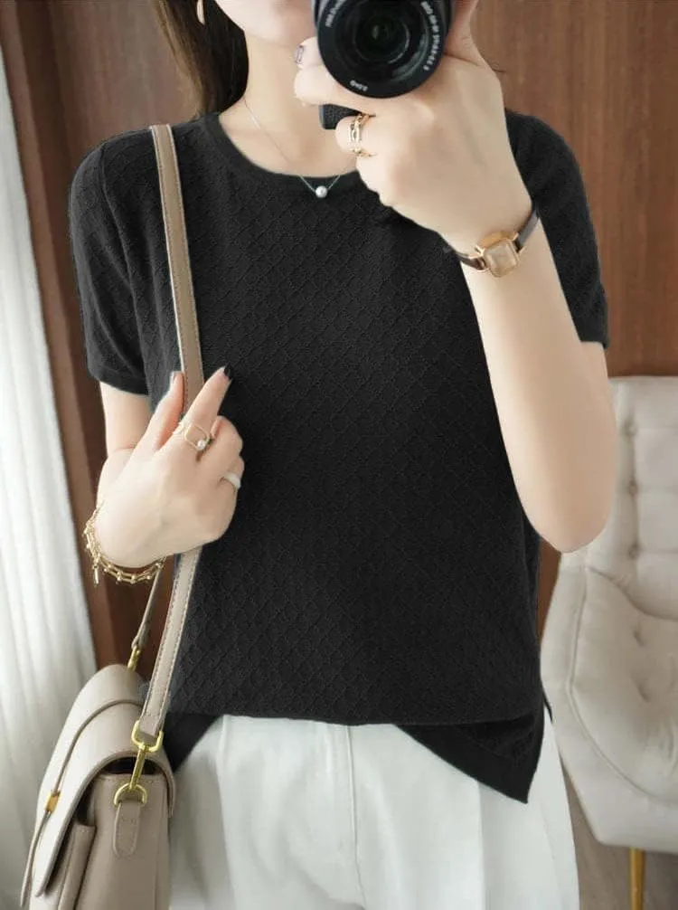 Womens Short Sleeve Sweaters Tops Summer Thin Pullover Cotton Knit Shirt Crew Neck Lightweight Pointelle Blouse