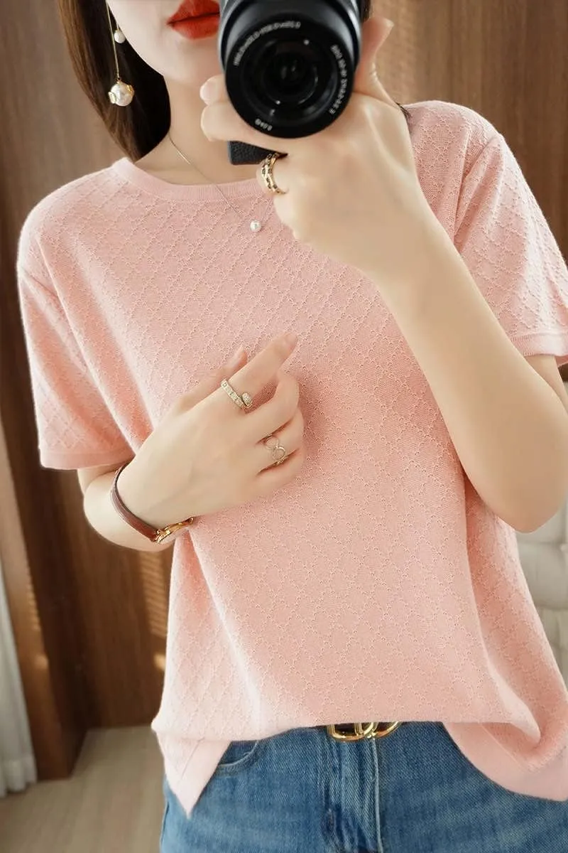 Womens Short Sleeve Sweaters Tops Summer Thin Pullover Cotton Knit Shirt Crew Neck Lightweight Pointelle Blouse