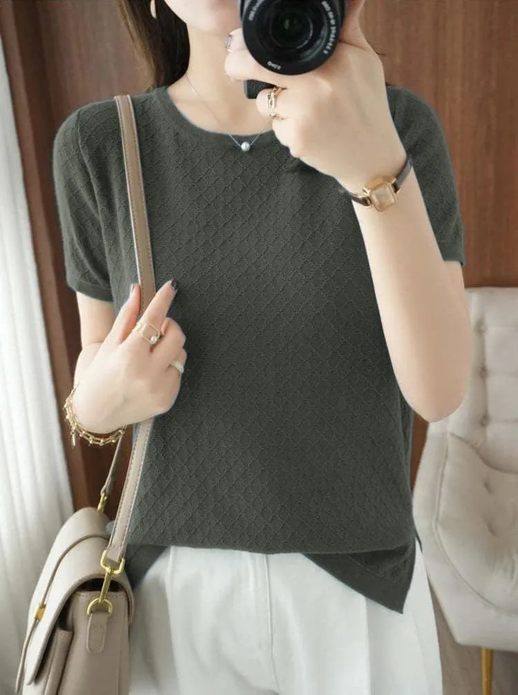 Womens Short Sleeve Sweaters Tops Summer Thin Pullover Cotton Knit Shirt Crew Neck Lightweight Pointelle Blouse