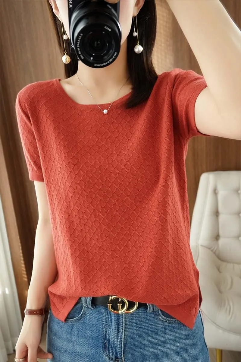 Womens Short Sleeve Sweaters Tops Summer Thin Pullover Cotton Knit Shirt Crew Neck Lightweight Pointelle Blouse