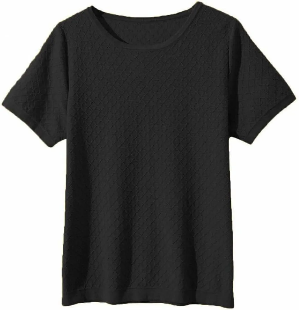 Womens Short Sleeve Sweaters Tops Summer Thin Pullover Cotton Knit Shirt Crew Neck Lightweight Pointelle Blouse