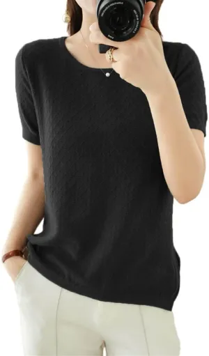Womens Short Sleeve Sweaters Tops Summer Thin Pullover Cotton Knit Shirt Crew Neck Lightweight Pointelle Blouse