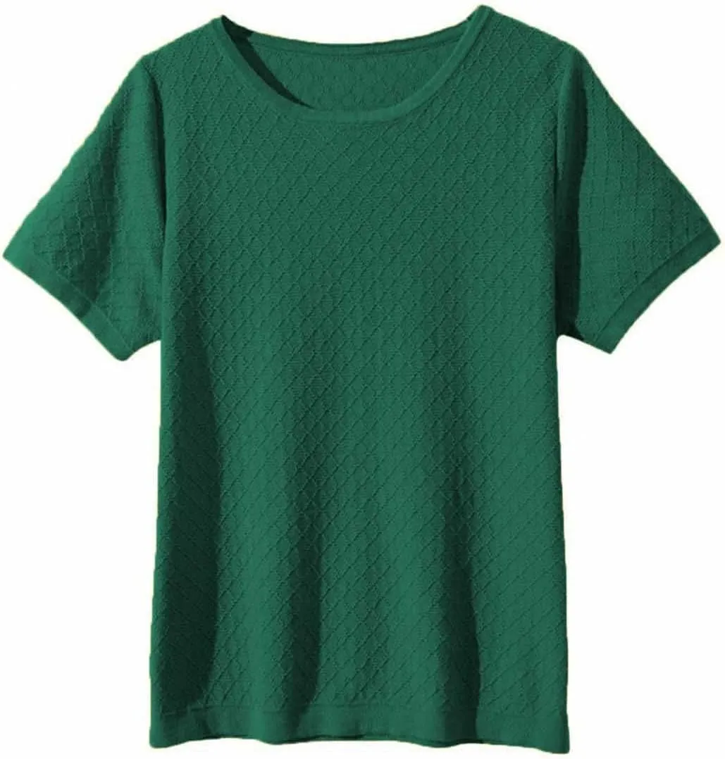 Womens Short Sleeve Sweaters Tops Summer Thin Pullover Cotton Knit Shirt Crew Neck Lightweight Pointelle Blouse