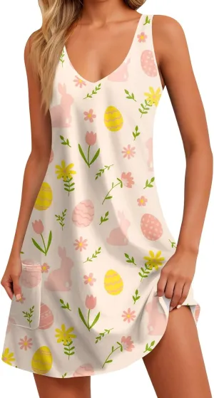 Women's Summer Dresses Beach Vacation Swimsuit Coverup Printed V Neck Sundress Sleeveless 2025 Dress with Pocket