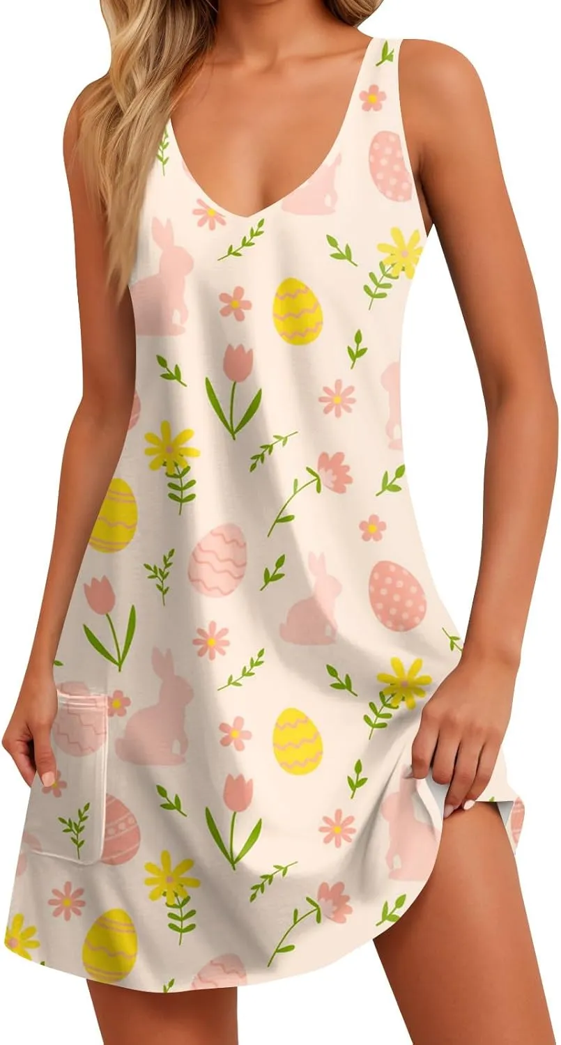Women's Summer Dresses Beach Vacation Swimsuit Coverup Printed V Neck Sundress Sleeveless 2025 Dress with Pocket