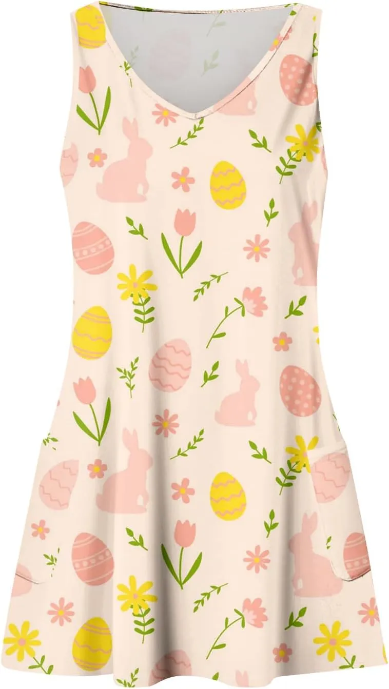 Women's Summer Dresses Beach Vacation Swimsuit Coverup Printed V Neck Sundress Sleeveless 2025 Dress with Pocket