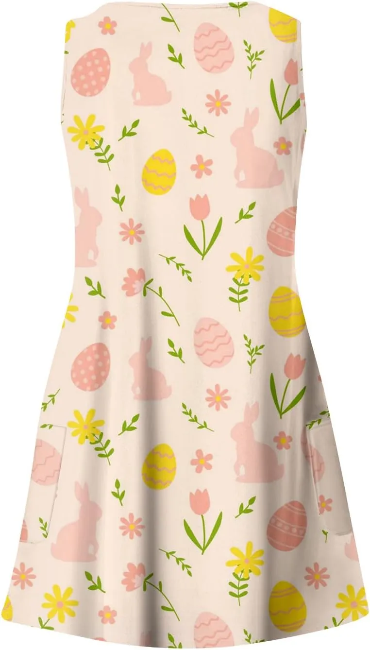 Women's Summer Dresses Beach Vacation Swimsuit Coverup Printed V Neck Sundress Sleeveless 2025 Dress with Pocket