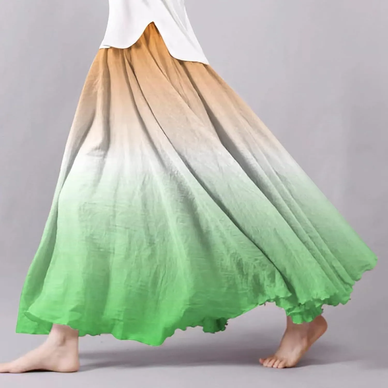 Women's Summer Printed Linen Wrap Skirt Elastic Waist A Line Boho Beach Skirt Flowy Long Maxi Skirt for Vacation