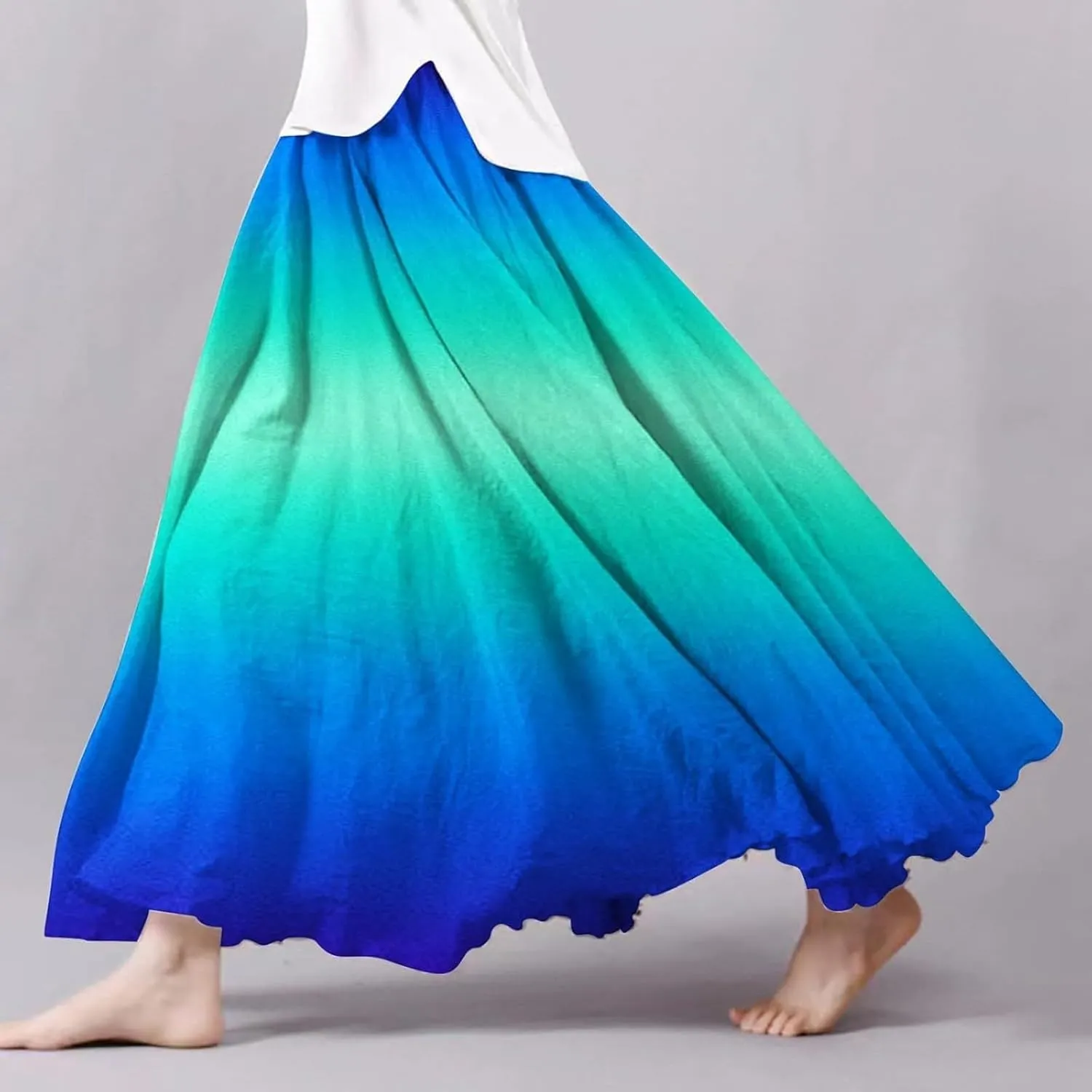 Women's Summer Printed Linen Wrap Skirt Elastic Waist A Line Boho Beach Skirt Flowy Long Maxi Skirt for Vacation