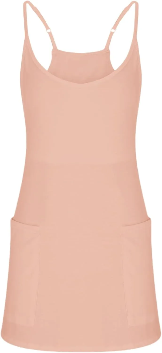 Womens Summer Sleeveless Mini Dress V Neck Spaghetti Strap Sundress Athletic Short Dress with Pockets