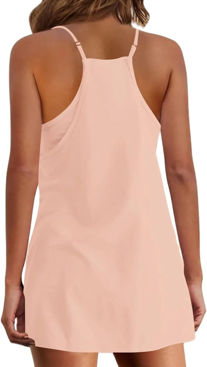Womens Summer Sleeveless Mini Dress V Neck Spaghetti Strap Sundress Athletic Short Dress with Pockets