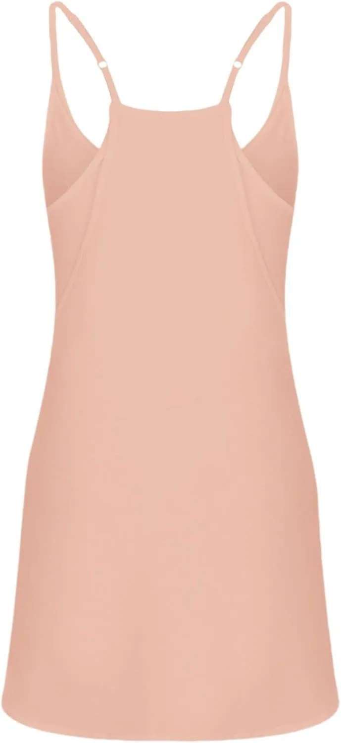 Womens Summer Sleeveless Mini Dress V Neck Spaghetti Strap Sundress Athletic Short Dress with Pockets