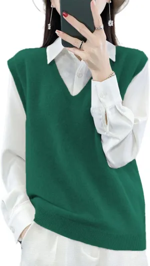 Women's V-Neck Knit Sweater Vest 100% Merino Wool Lightweight Sleeveless Pullover Basic Vest Short Tops