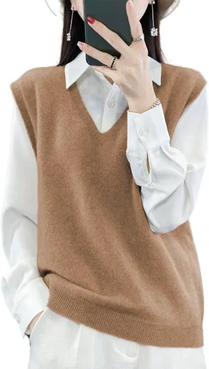 Women's V-Neck Knit Sweater Vest 100% Merino Wool Lightweight Sleeveless Pullover Basic Vest Short Tops