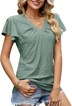 Women's V Neck Short Sleeve Lace Casual Ruffle Sleeve Basic Top Slim Fit Tunic Tops (Green)