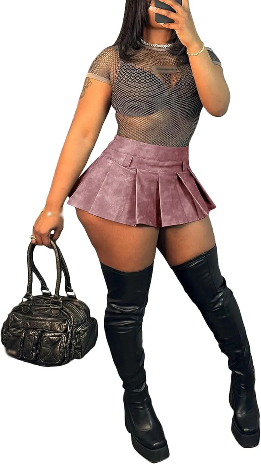 Women's Y2K PU Leather Pleated Mini Skirts High Waist Flared Hem A-Line Party Club Sexy Short Skirt