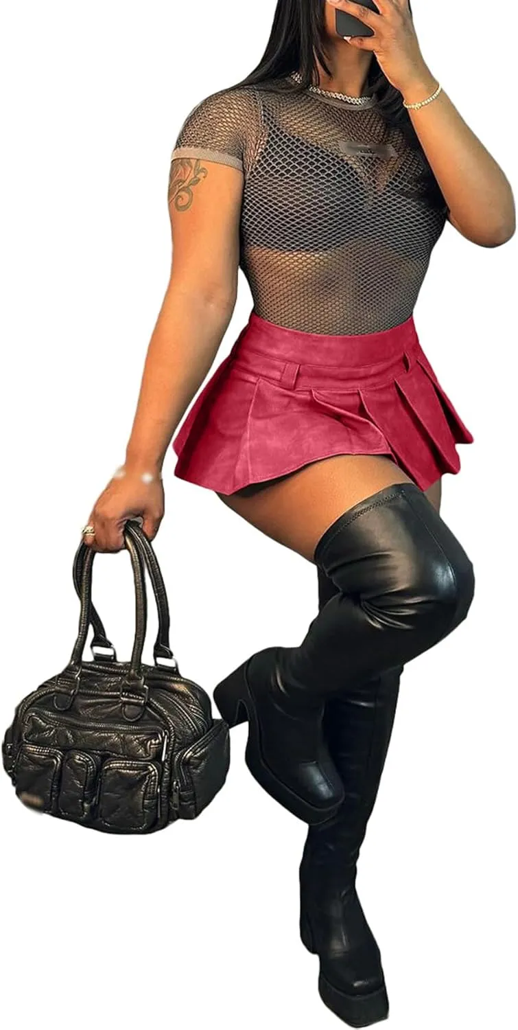 Women's Y2K PU Leather Pleated Mini Skirts High Waist Flared Hem A-Line Party Club Sexy Short Skirt
