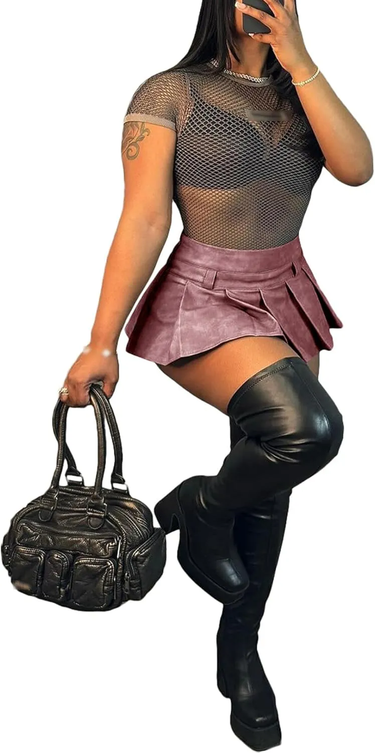 Women's Y2K PU Leather Pleated Mini Skirts High Waist Flared Hem A-Line Party Club Sexy Short Skirt