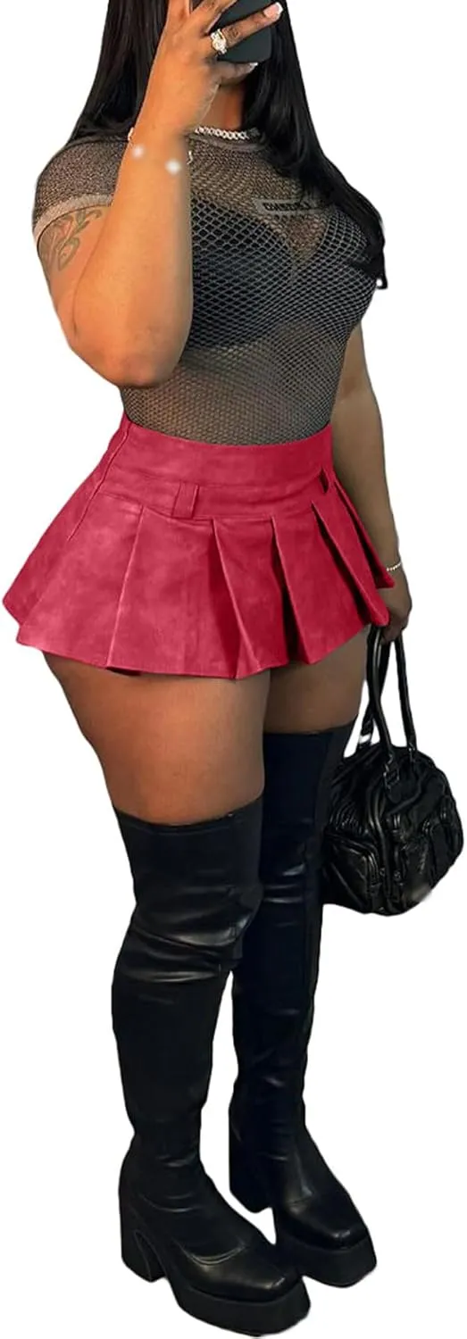 Women's Y2K PU Leather Pleated Mini Skirts High Waist Flared Hem A-Line Party Club Sexy Short Skirt