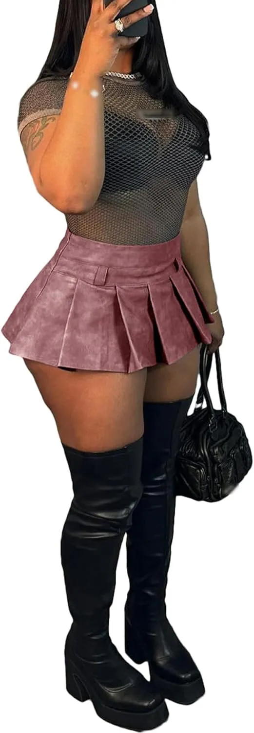 Women's Y2K PU Leather Pleated Mini Skirts High Waist Flared Hem A-Line Party Club Sexy Short Skirt