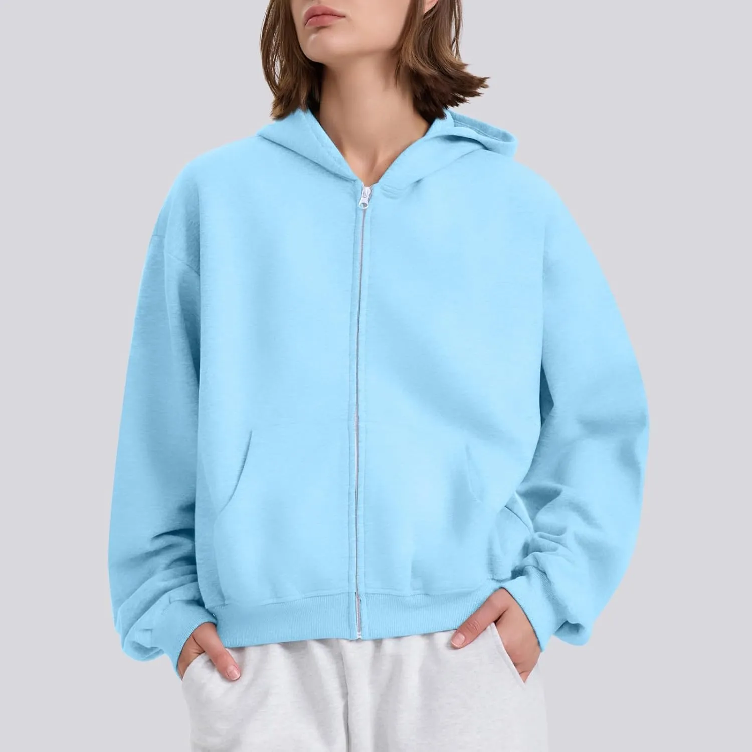 Zip Up Hoodie Women Crop Sweatshirt Oversized Fleece Hoodie with Pockets Warmy Trendy Fall Jackets for Women